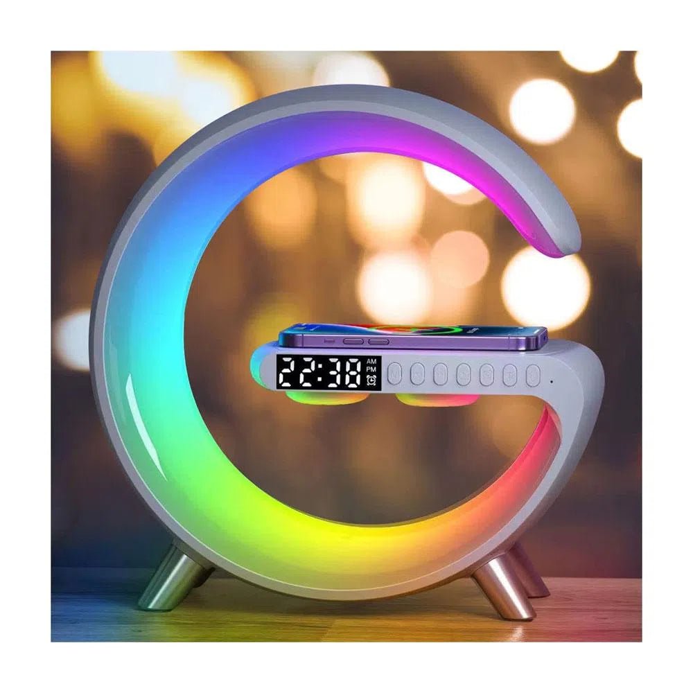 Lámpara RGB con Cargador de celular Inalámbrico, Parlante Bluetooth y Reloj Digital - VERSELL