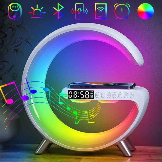 Lámpara RGB con Cargador de celular Inalámbrico, Parlante Bluetooth y Reloj Digital - VERSELL